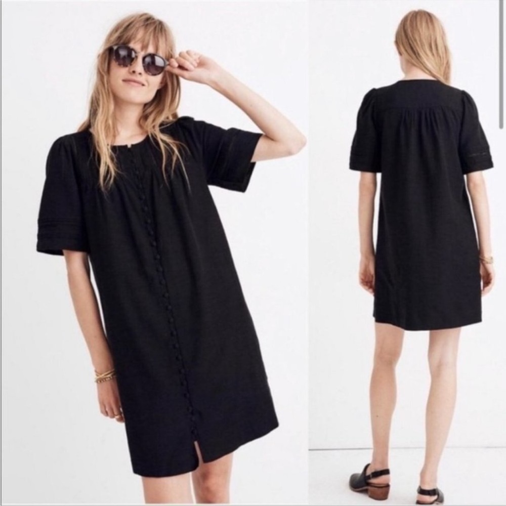 Madewell Pleated Button-Front Shift Dress Black Cotton Viscose Lace Eyelet-XS